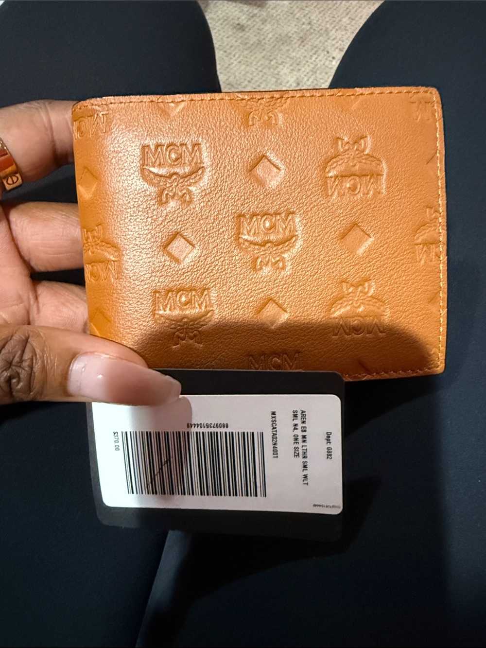 MCM Men's Cognac Embossed Leather Card Wallet